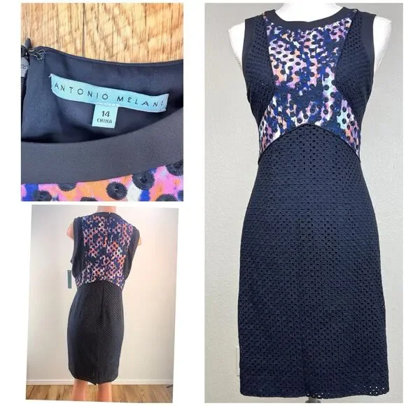 New Antonio Melani Women’s 14 Navy Cotton Eyelet Lace Watercolor Sheath Dress - Picture 1 of 16